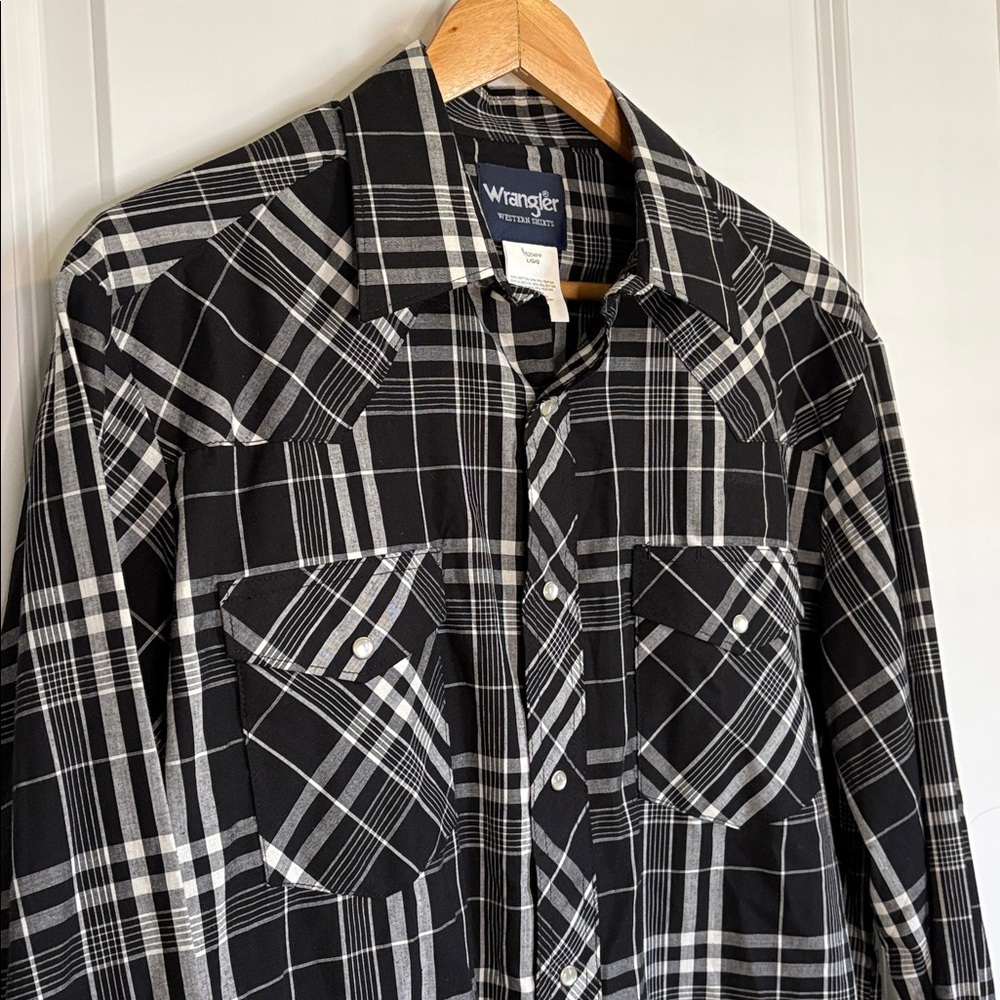 Wrangler Western Plaid Shirt Pearl Snap Long Sleeve Black White Size Large - Picture 7 of 12